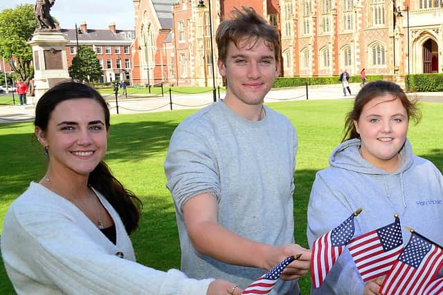 Former Ballymena pupils (from left) Eimear Mcmullan, Matthew Grimsleya and Emma Smyth have been selected to take part in prestigious Study USA programme, and will spend a year studying in the USA