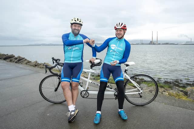 Paralympian Peter Ryan with his tandem pilot, Gary McClarty, pictured during a break from training at the North Bull Wall, Dollymount