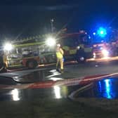 The scene at the Dunluce Centre in Portrush where 46 firefighters are tackling a blaze. Photo by Jack Culkin