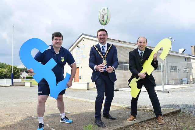 Mayor of Lisburn & Castlereagh City Council, Councillor Scott Carson met with Stephen Knowles, Fundraising Officer and Simon Reid, Club President at Lisburn Rugby Football Club to mark this club's success at securing £225,000 funding from the council's Community Investment Fund.