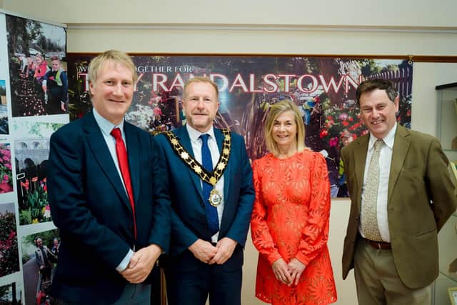 Britain in Bloom judges, Nick Jones and Roger Burnett join Mayor of Antrim and Newtownabbey, Alderman Stephen Ross along with Tidy Randalstown, Chairperson Helen Boyd.