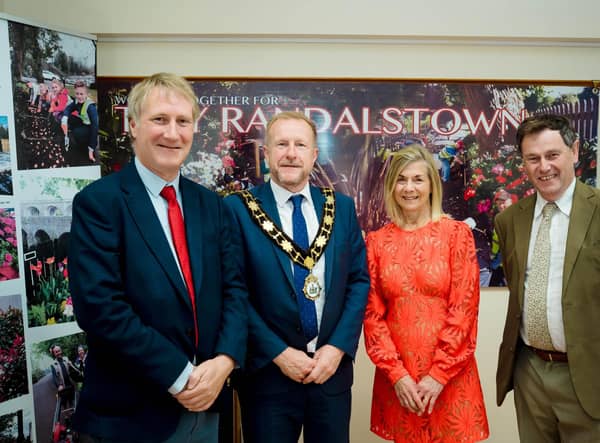 Britain in Bloom judges, Nick Jones and Roger Burnett join Mayor of Antrim and Newtownabbey, Alderman Stephen Ross along with Tidy Randalstown, Chairperson Helen Boyd.