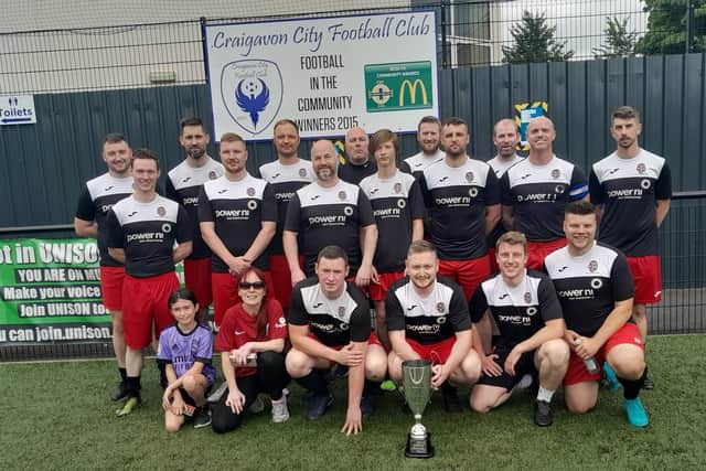 Almac team playing at  the Angela McCabe Cup at Craigavon City FC on Sunday raising funds for the Southern Area Hospice.