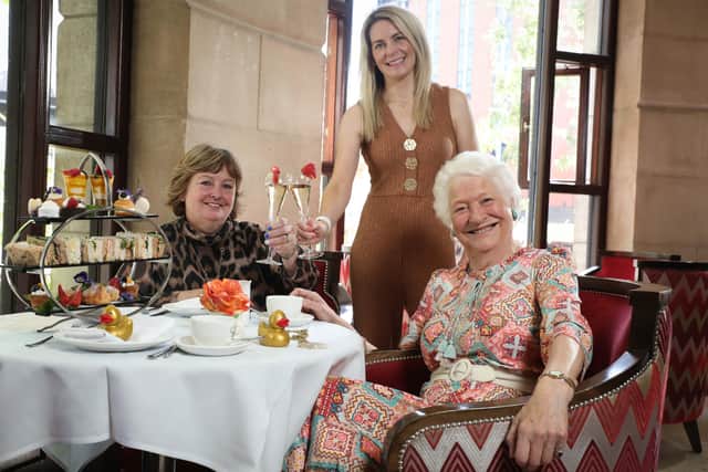 Lady Mary Peters is joined by Julie Hastings, Marketing Director of Hastings Hotels and Nicola McCarthy, BBC Sports Presenter ahead of a special afternoon tea at the Europa Hotel on Sunday September 4 in celebration of the 50th anniversary since she won gold at the Munich Olympic Games. Photo by Kelvin Boyes / Press Eye.