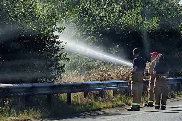 Firefighters tackle the gorse fire at A4 Dungannon this afternoon. Pic: PSNI
