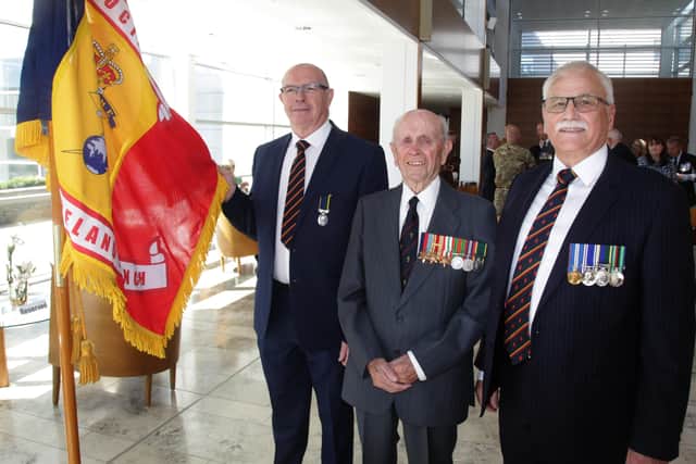 David Devine (REME Association NI Branch), Norman Irwin, and William McNaul  (REME Association NI Branch Acting Chairman) pictured at the reception in Cloonavin to honour Norman’s  role as one of the founding members of the Royal Electrical and Mechanical Engineers (REME)