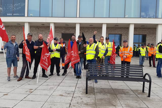 Workers in Unite the Union who are on the picket line at South Lakes Leisure Centre in Craigavon. It is estimated around 1000 workers at Armagh Banbridge and Craigavon Council will be taking industrial action.