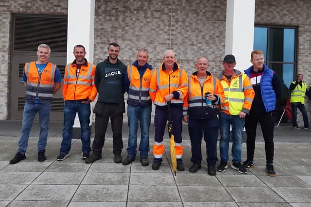 Workers on the picket line at South Lakes Leisure Centre in Craigavon. It is estimated around 1000 workers at Armagh Banbridge and Craigavon Council will be taking industrial action.