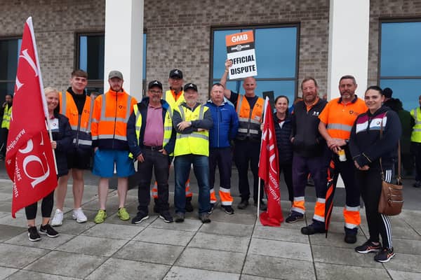 Workers in the Unite and GMB unions who are on the picket line at South Lakes Leisure Centre in Craigavon. It is estimated around 1000 workers at Armagh Banbridge and Craigavon Council will be taking industrial action.