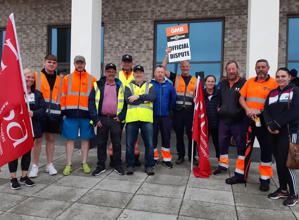 Workers in the Unite and GMB unions who are on the picket line at South Lakes Leisure Centre in Craigavon. It is estimated around 1000 workers at Armagh Banbridge and Craigavon Council will be taking industrial action.