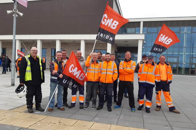 Workers in the GMB union who are on the picket line at South Lakes Leisure Centre in Craigavon. It is estimated around 1000 workers at Armagh Banbridge and Craigavon Council will be taking industrial action.