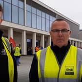 At the Armagh Banbridge and Craigavon Council workers' picket line at South Lakes Leisure Centre are Neil Moore, Unite Regional Officer and Alan Perry, GMB Regional Organiser. Neil Moore  said: "This is the first day of potentially four weeks of strike action amongst Unite members. As we are aware, the derisory pay offers on the table from previous years are still in dispute here. In fact our members over the past 10 years have taken a real terms pay cut as inflation now rockets past 12%, our members are simply demanding a fair pay increase."