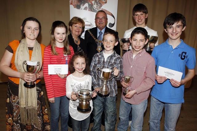 Prizewinners at Coleraine Music Festival pictured with Councillor Sandy Gilkinson, Mayor of Coleraine, and adjudicator Mrs. Audrey Dehan in April 2010