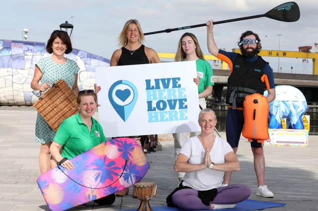L-R are, back row: Helen Tomb, LiveHereLoveHere (LHLH), Jenni Barkley, Belfast Harbour, Fern Keeney and Christopher Walsh, LHLH. Front row: Orla McGrady and Lynda Surgenor, LHLH.