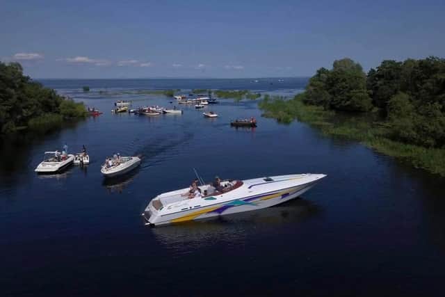 Boats struggle to exit the Blackwater River at Lough Neagh because of blockages. Boat owners and fishermen from Counties Armagh, Tryone and Antrim were protesting on Sunday that the authorities had failed to dredge the Blackwater River as it enters Lough Neagh.