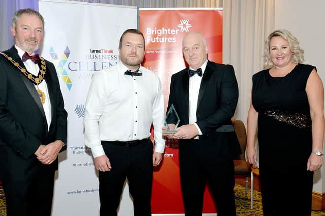 Winner of the Best Community or Social Initiative Award in 2021 was Access Employment Ltd. The award was accepted by David Hunter, second from right. Also included are from left, Mayor of Mid and East Antrim  Council, Councillor William McCaughey, John Boyce from category sponsor, RES Group, and Andrena O'Prey, JPI Media advertising manager. INLT37-226.