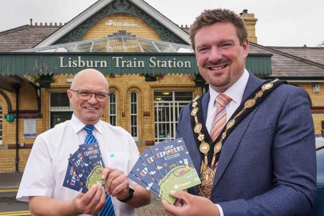 The Mayor of Lisburn and Castlereagh City Council, Councillor Scott Carson with Translink representative, Mark Glover at Lisburn Train Station