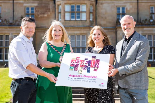 The Mayor of Ards and North Down, Councillor Karen Douglas pictured with Aspects Festival Director Patricia Hamilton and crime authors Jason Johnson and Anthony J. Quinn at the launch of Aspect’s 2022 programme