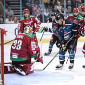 Belfast Giants' Chad Butcher with Cardiff Devils' Ben Bowns.   Photo by William Cherry/Presseye
