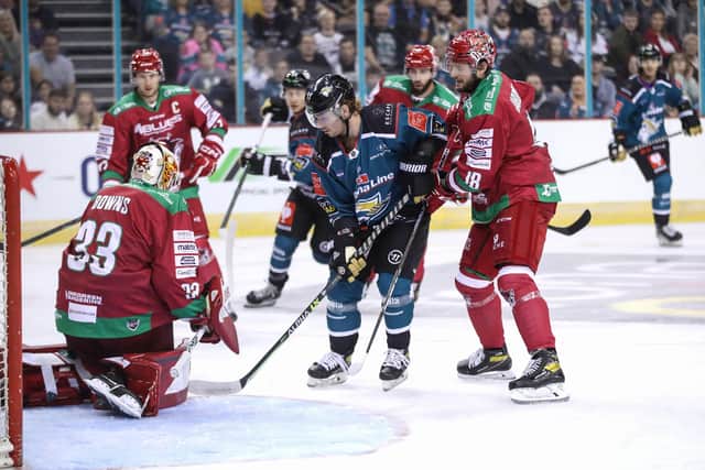 Belfast Giants' Chad Butcher with Cardiff Devils' Ben Bowns.   Photo by William Cherry/Presseye