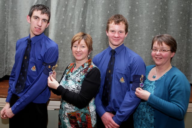 Peter Barkley and Samuel Kyle, members of 2nd Ballymoney BB, pictured at their annual Display back in 2010 receiving their Queens Badge from their respective Mums, Eileen and Rosemary