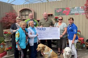 From left -  Barbara White, June Cherry, Josie McCormick & Thunder, Terry Hassan, Brian Doherty, Corinne Doherty and Anne McKeown & Flossie, who recently gathered to celebrate a £5,361.00 total raised by Brian on behalf of Guide Dogs NI.