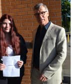 Mr J Martin congratulates Cara Decodts who achieved an A star, 5As, and a B and C star at GCSE