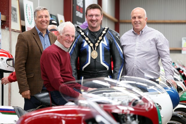 Mayor of Lisburn and Castlereagh City Council, Councillor Scott Carson with South Antrim MP, Paul Girvan, Alderman James Tinsley and 1965 Ulster Grand Prix winner, Richard Creith at the Ulster Grand Prix Centenary Day at Dundrod.
PICTURE BY STEPHEN DAVISON