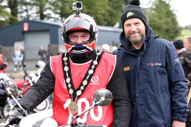 Mayor of Lisburn and Castlereagh City Council, Councillor Scott Carson with 13 times Ulster Grand Prix race winner Bruce Anstey as he led the lap of 100 bikes during the Ulster Grand Prix Centenary Day at Dundrod.
PICTURE BY STEPHEN DAVISON