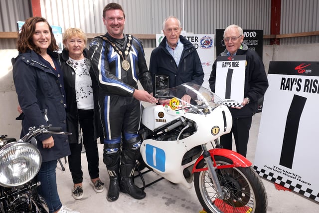 Mayor of Lisburn and Castlereagh City Council, Councillor Scott Carson pictured with Ulster Grand Prix race winner, Ray McCullough, Ray's wife, Betty, daughter, Fiona and Des Stewart, Chairman of the Ulster Grand Prix Supporters Club as Ray had a section of the Dundrod course named in his honour during the Ulster Grand Prix Centenary Day.
PICTURE BY STEPHEN DAVISON