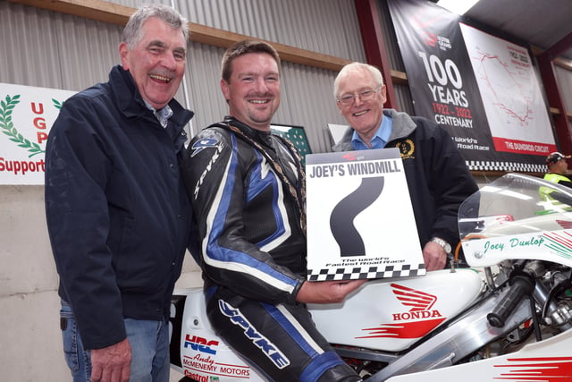 Mayor of Lisburn and Castlereagh City Council, Councillor Scott Carson pictured with Robert Graham, Chairman of the Dundrod and District Motorcycle Club and Des Stewart, Chairman of the Ulster Grand Prix Supporters Club during the Ulster Grand Prix Centenary Day.
PICTURE BY STEPHEN DAVISON