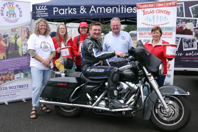 Mayor of Lisburn and Castlereagh City Council, Councillor Scott Carson pictured with Valerie Shearer and Nigel Kearney of Helping Hands and Ann Johnston, Gay Sherry Bingham and Mandy Gilmore of Atlas Women's Centre,during the Ulster Grand Prix Centenary Day at Dundrod.
PICTURE BY STEPHEN DAVISON
