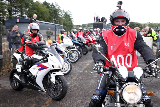 Mayor of Lisburn and Castlereagh City Council, Councillor Scott Carson as he led the lap of 100 bikes during the Ulster Grand Prix Centenary Day at Dundrod.
PICTURE BY STEPHEN DAVISON