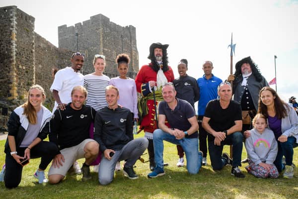 Five-time Olympic Champion Jo Pavey (front right) with an Antrim Coast Half Marathon delegation as they get a flavour of the Siege of Carrickfergus celebrations.