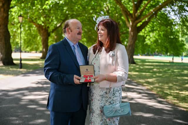 Edith Fleck and her husband pictured after receiving the prestigious MBE from the Palace. Edith, who is passionate about the importance of mental health, has spoken of the honour she felt recently when she was bestowed an MBE for mental health services to the community in counselling.