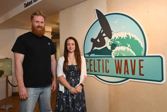 (L-R) Clare Ablett, Curator of History at National Museums NI and Al Mennie, local big wave surfer.