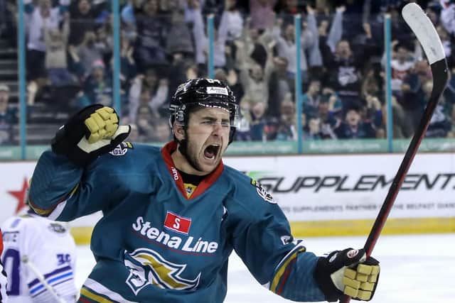 Belfast Giants' captain David Goodwin celebrates scoring his penalty in the penalty shootout last season. Picture by William Cherry/Presseye
