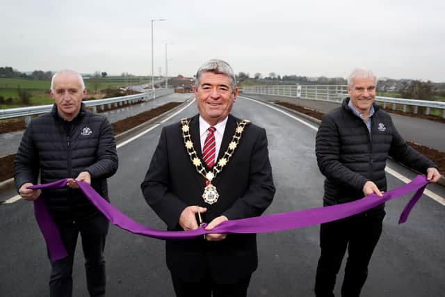 Mayor Billy Webb, Ciaran Murdock And Paul O'Rourke at the opening of the Ballyclare relief road.