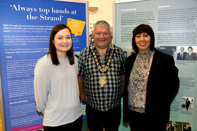 The Mayor of Causeway Coast and Glens Borough Council Councillor Ivor Wallace pictured with Museums Officer Rachel Archibald (left) and Fran McCloskey (right), co-curator of the new exhibition at Coleraine Town Hall