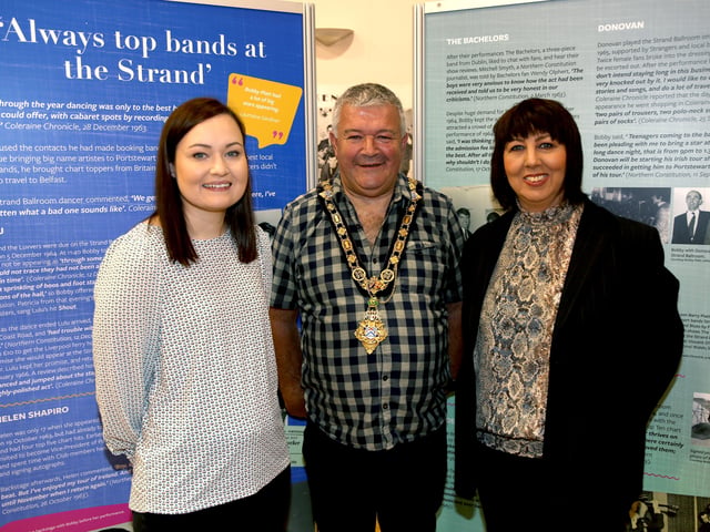 The Mayor of Causeway Coast and Glens Borough Council Councillor Ivor Wallace pictured with Museums Officer Rachel Archibald (left) and Fran McCloskey (right), co-curator of the new exhibition at Coleraine Town Hall