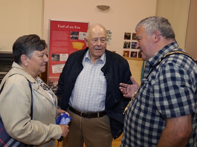 The Mayor of Causeway Coast and Glens Borough Council Councillor Ivor Wallace chats with Derek and Valerie Hibbert at the opening of the new exhibition ‘Let Me Introduce You: A History of Dance Halls in the Causeway Area’ created by Causeway Coast and Glens Borough Council’s Museum Services and co-curator, Fran McCloskey
