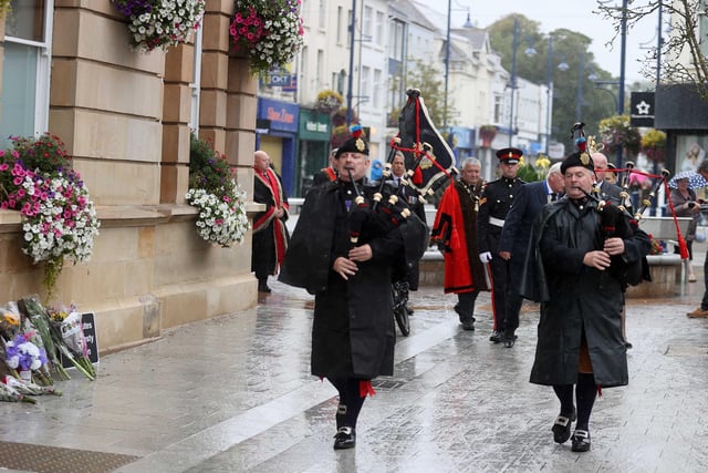 Pipers lead the procession ahead of the Accession Proclamation for County Londonderry held at Coleraine Town Hall