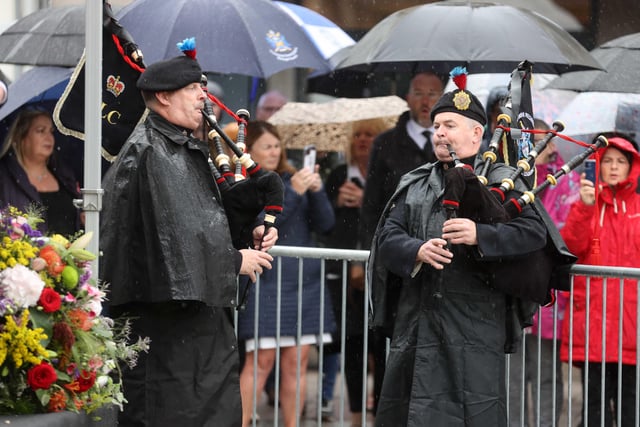 Pipers play at the Accession Proclamation for County Londonderry held at Coleraine Town Hall