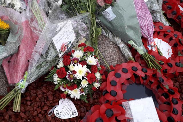 Floral tributes at Larne War Memorial
