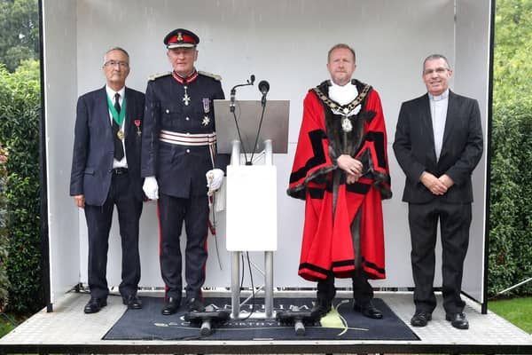 Mayor of Antrim and Newtownabbey, Alderman Stephen Ross, His Majesty’s Lord-Lieutenant of County Antrim Mr David McCorkell KStJ, High Sheriff of County Antrim Mr John Lockett OBE and Reverend Robert Ginn.