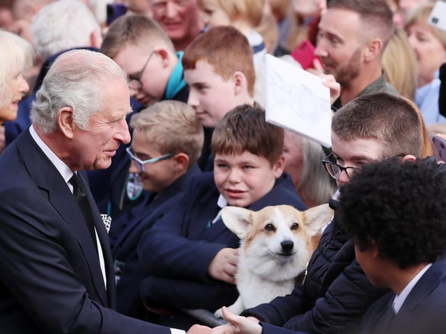 Press Eye - Belfast - Northern Ireland - 13th September 2022
Members of the public, local school children and Connie the Corgi meet King Charles at Hillsborough Castle.
His Majesty The King and Her Majesty The Queen Consort arrive in Northern Ireland as part of Their Majesties' wider programme of visits across the regions of the UK.
The King and Consort arrive at Hillsborough Castle, where they meet with the public and viewed floral tributes left for Queen Elizabeth II before His Majesty held a private audience with the Secretary of State for Northern Ireland and meet with representatives from political parties. Their Majesties also received a Message of Condolence from The Speaker of Assembly Alex Maskey.
Picture by Jonathan Porter/PressEye