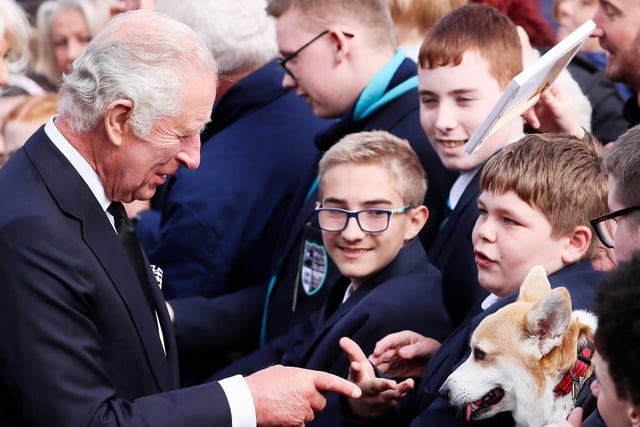 Press Eye - Belfast - Northern Ireland -  13th September 2022


Members of the public, local school children and Connie the Corgi meet King Charles at Hillsborough Castle.

His Majesty The King and Her Majesty The Queen Consort arrive in Northern Ireland as part of Their Majesties' wider programme of visits across the regions of the UK.  

The King and Consort arrive at Hillsborough Castle, where they meet with the public and viewed floral tributes left for Queen Elizabeth II before His Majesty held a private audience with the Secretary of State for Northern Ireland and meet with representatives from political parties. Their Majesties also received a Message of Condolence from The Speaker of Assembly Alex Maskey.  



Picture by Jonathan Porter/PressEye