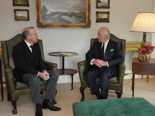King Charles III during an audience with Northern Ireland Secretary Chris Heaton-Harris at Hillsborough Castle, Co Down. Picture date: Tuesday September 13, 2022.