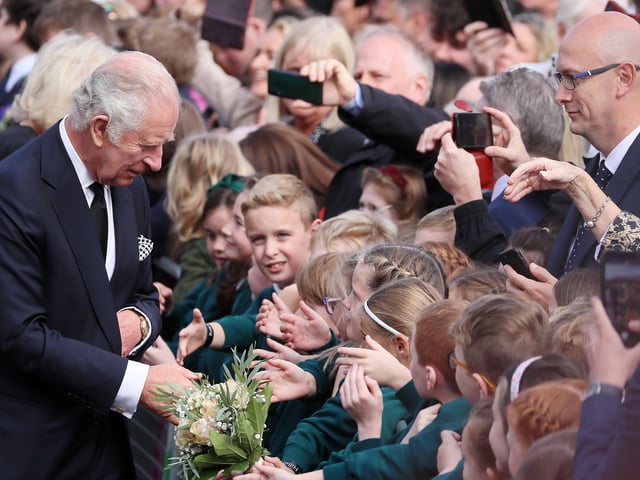 Press Eye - Belfast - Northern Ireland - 13th September 2022
Members of the public meet King Charles and The Queen Consort at Hillsborough Castle.
His Majesty The King and Her Majesty The Queen Consort arrive in Northern Ireland as part of Their Majesties' wider programme of visits across the regions of the UK.
The King and Consort arrive at Hillsborough Castle, where they meet with the public and viewed floral tributes left for Queen Elizabeth II before His Majesty held a private audience with the Secretary of State for Northern Ireland and meet with representatives from political parties. Their Majesties also received a Message of Condolence from The Speaker of Assembly Alex Maskey.
Picture by Jonathan Porter/PressEye