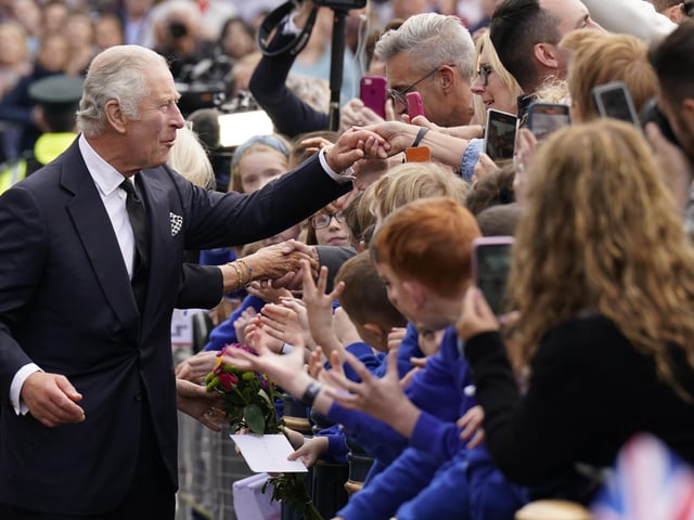 King Charles III meeting wellwishers as he arrives for a visit to Hillsborough Castle, Co Down, following the death of Queen Elizabeth II on Thursday. Picture date: Tuesday September 13, 2022.